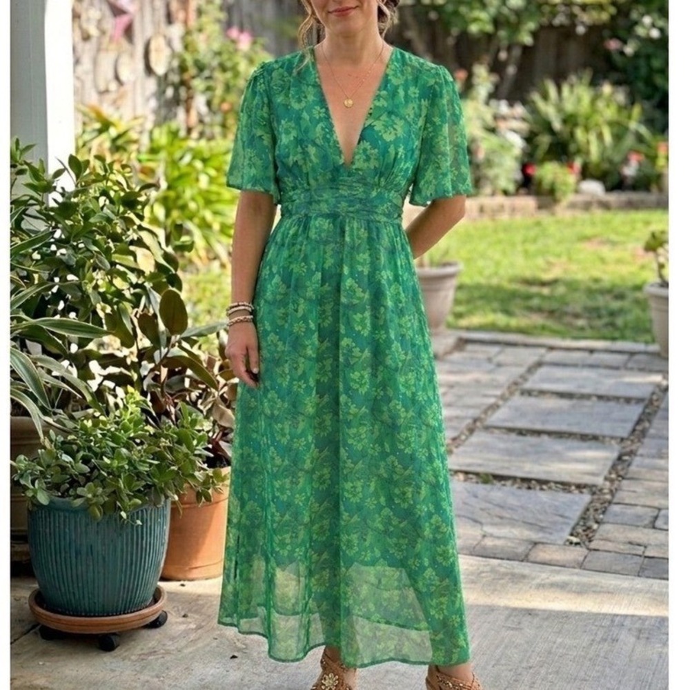 Retro & Icone Floral Maxi Dress‎ Green M V-Neck Open Back Flutter Sleeve Boho